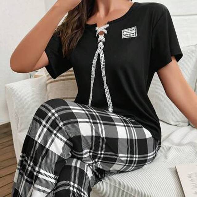 SHEIN Women Plaid Print V-Neck Short Sleeve Top And Long Pants Pajama Set With Lace Trim Women Pajama Set 2 Piece Set  Long Pant Pajama Set