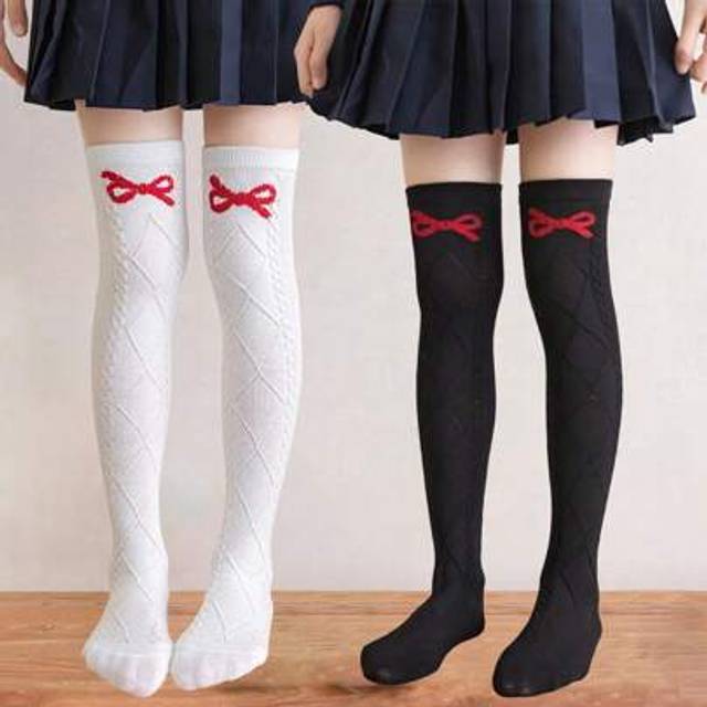 SHEIN 2 Pairs Girls Bowknot Over-The-Knee Socks, Thin Children Stockings, Spring