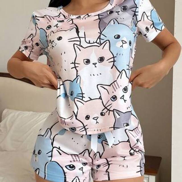 SHEIN INS Cute Cat Print Family Matching Pajama Set For Women