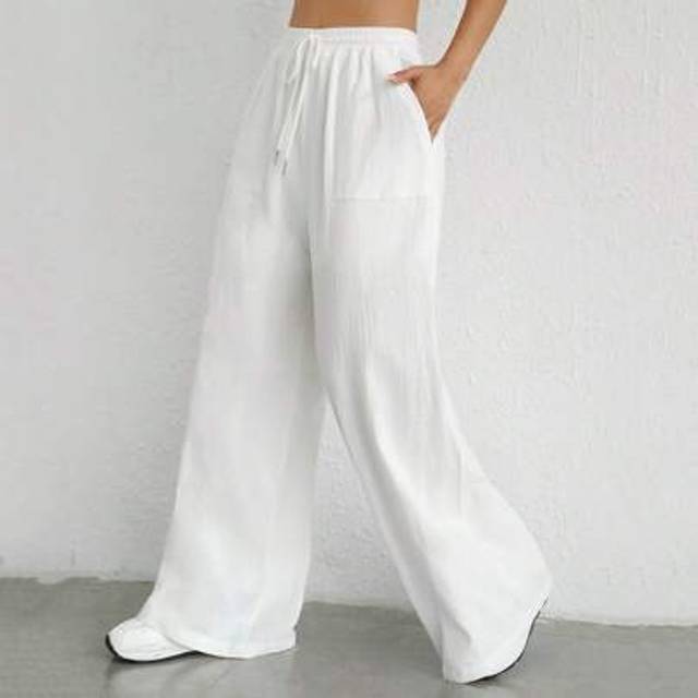 SHEIN Plus Size 100% Cotton Casual Long Pants With Pockets Comfortable White Wide Leg Pants For Women