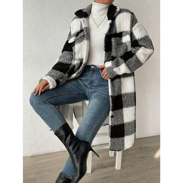SHEIN Women&#39;s Autumn & Winter Single-Breasted Lapel Plush Plaid Coat, Loose Long Overcoat, Long-Sleeved Outerwear