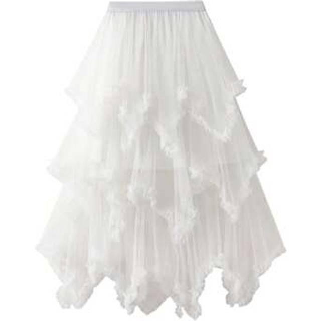 SHEIN Women Summer Layered Tulle Long Skirt, Fashion High Waist Solid Color Frill Trim Ruffle Midi Skirt