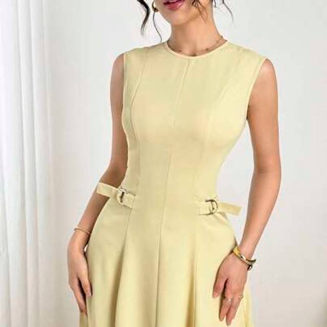 Modelyn Cream Yellow Sleeveless Commuter Dress, Elegant Design For Office Wear In Summer & Autumn