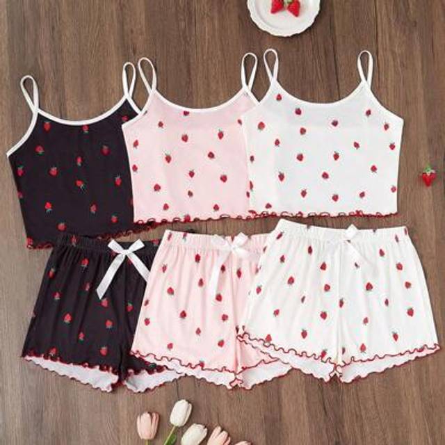 SHEIN 6-Piece Set Sister Matching Letter & Heart Print Plus Size Camisole & Shorts Pajamas Strawberry Pajama Set Cute Sleep Set Summer Sleep Wear Sets Women