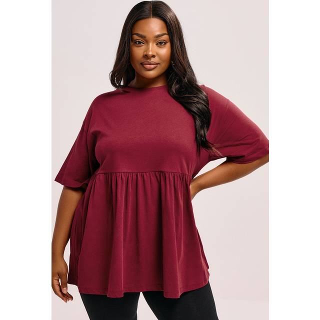 Yours Curve Burgundy Red Cotton Peplum Top, Women's Curve & Plus Size, Yours - 22-24