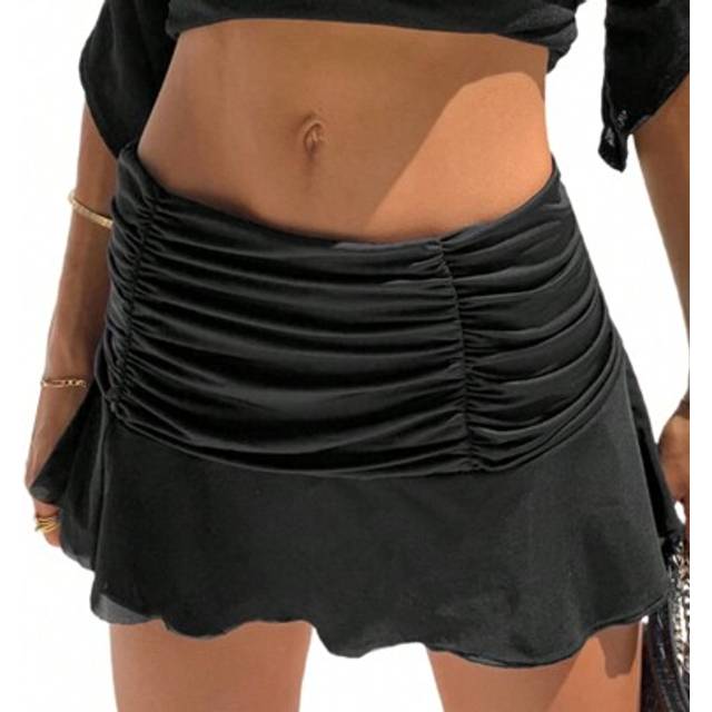 SHEIN Women Casual Pleated Hem Mini Skirt Solid Color Elastic Waist Short Skirt Black White Orange Sexy Short Skirt
