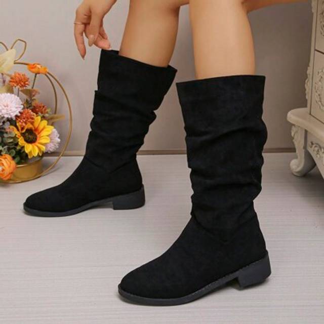 SHEIN 2024 New High Shaft Boots For Women, Low Heel Flat Tall Boots In Suede-Like Fabric, Non-Over Knee Mid-Calf Slouchy Retro Western Riding Boots