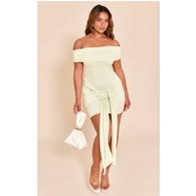 Shape Pale Lime Sculpt Fold Over Bardot Wrap Waist Drape Mini Dress, Pale Lime - 8