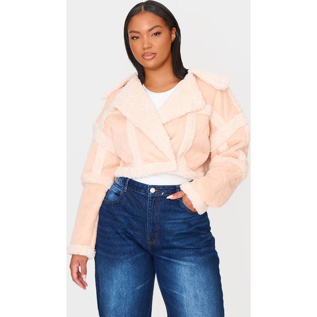 Plus Cream Shearling Trim Crop Aviator, White - 28