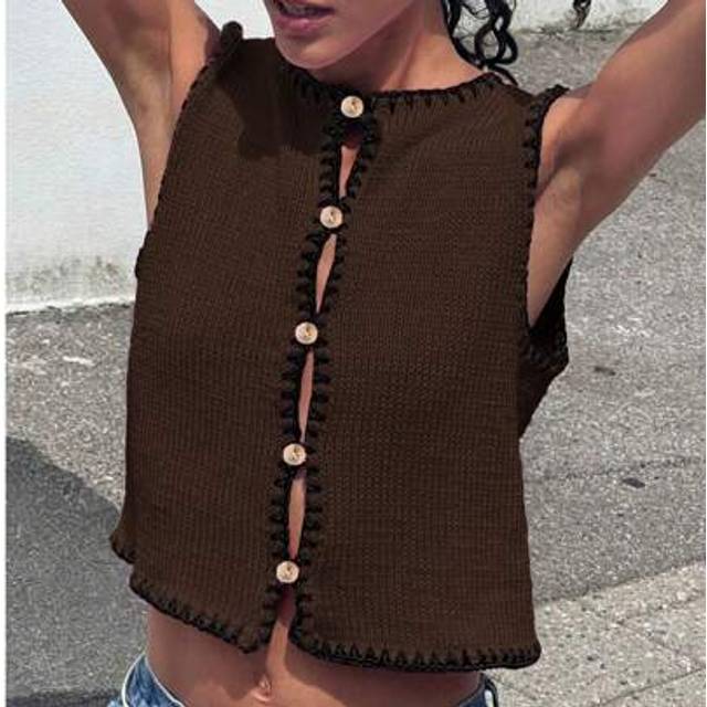 SHEIN Women&#39;s Spring/Summer Women Lightweight Cardigans Tops Casual Color Contrast Bordered Sleeveless Cardigan Knitted Vest,Y2K,Daily, Commuting, Shopping,