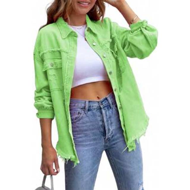 SHEIN Women&#39;s Spring Autumn Denim Coat Lapel Long Sleeve Solid Color Button Up Ripped Jacket