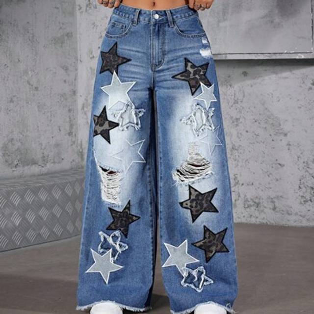 SHEIN Women&#39;s Leopard Print Star Embroidery Ripped Wide-Leg Jeans