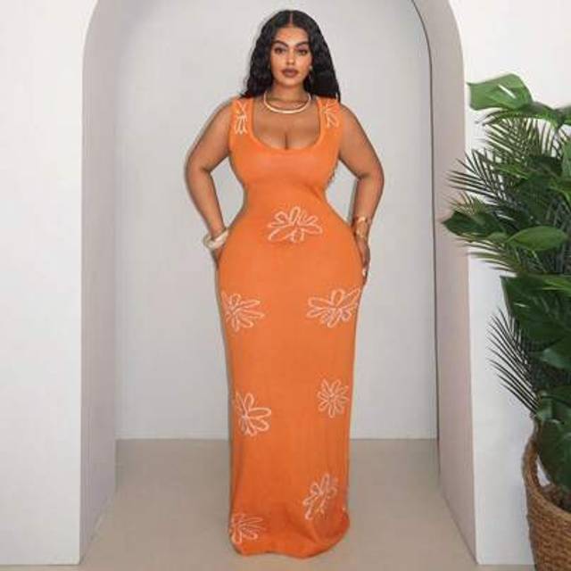 Slaydiva Plus Size Women Floral Pattern Square Neck Sleeveless Fitted Knit Dress Orange Maxi Dress Plus Size Orange Maxi Dress Orange Sundress Plus Size Orange