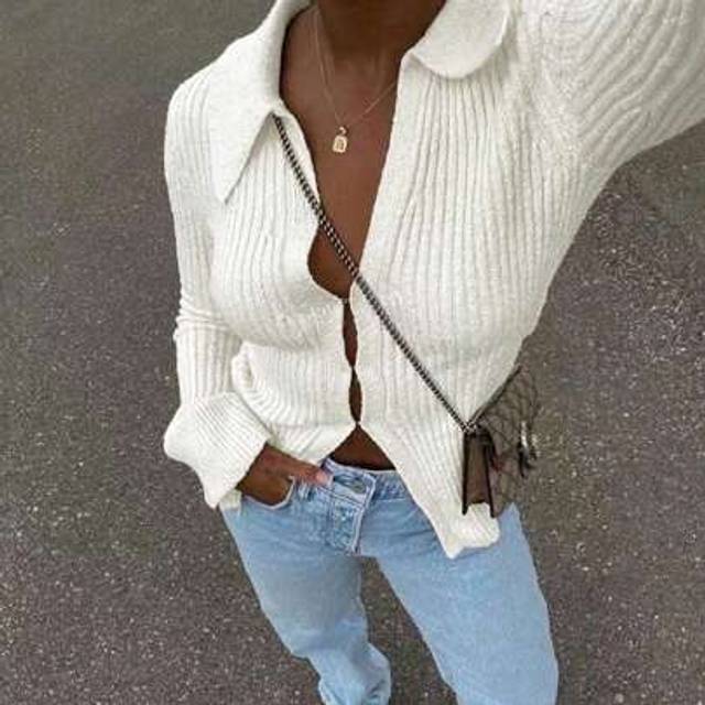 SHEIN FOR BEAUTY Spring/Autumn New Vintage Solid Color Lapel Collar Long Sleeved Knitted Sweater Cardigan For Women, Slim Fit, Simple And Versatile, Vintage
