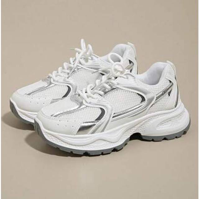 SHEIN Women&#39;s Spring & Autumn New Sports Chunky Chunky Sneakers, Mesh Breathable Platform Wedge Heel Casual Shoes, Lightweight Versatile Lace-Up White Grey