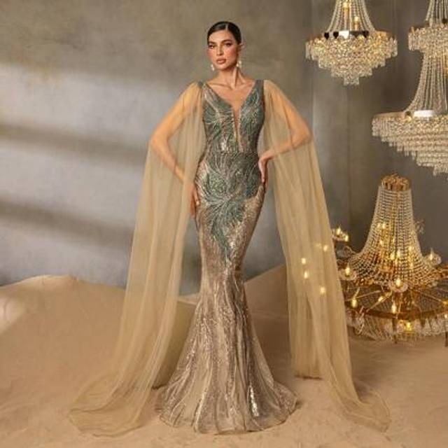 SHEIN Luxury Beaded Evening Gown - Extra-Long Tulle Sleeve V-Neck Mermaid Hem Maxi Gown With Gradient Beaded Pattern - Perfect For Weddings, Galas, And Spri