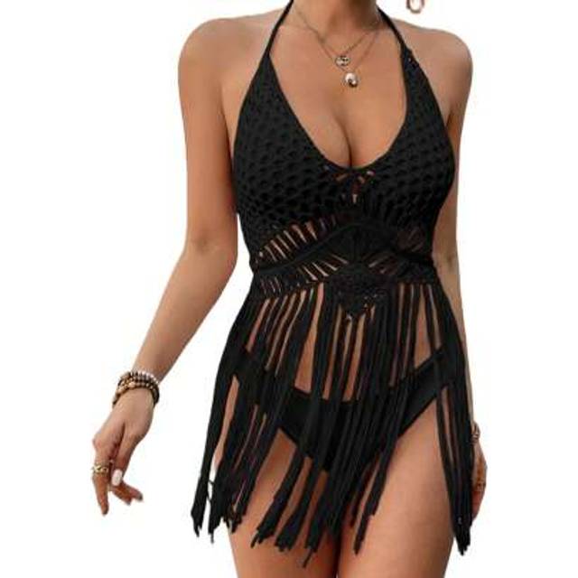 SHEIN Women&#39;s Crochet Bikini Cover Ups Sleeveless Halter Neck Hollow Out Tassel Tops Swimsuit Cover Ups