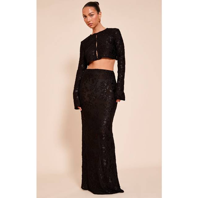 Black Floral Sheer Maxi Skirt, Black - 10