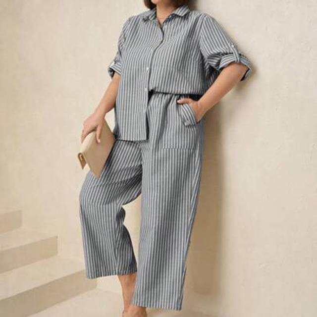 SHEIN 2pcs Women Plus Size Outfits - Khaki Striped Open Front Shirt & Tapered Pocket Pants Set, Spring/Summer
