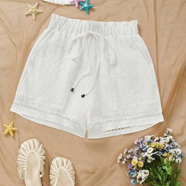 SHEIN 2025 Plus Size Women Baggy Waist Pockets Lace Hem Shorts, Summer