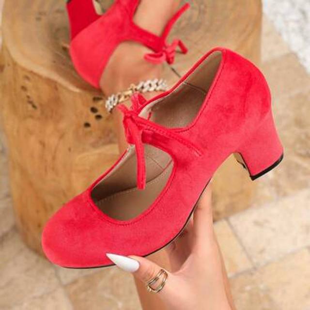 SHEIN Women&#39;s Vintage Elegant Velvet Lace-Up Bowknot Decor Round Toe Mary Jane Pumps With Heart Shaped Buckle, Suitable For Party, Wedding, Christmas, Offic