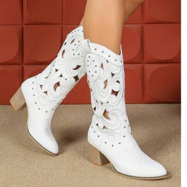 SHEIN Autumn And Winter Hollow Embroidery Western Cowboy Boots Retro Style High Heel Thick Heel Mid-Calf Boots Women&#39;S Long Boots