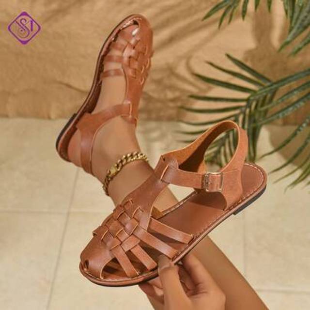 SHEIN Women&#39;s Elegant Hollow Fisherman Flat Sandals, Vintage Brown Woven Breathable Comfortable Sandals, Simple Casual Versatile Outdoor Flat Sandals For Wo
