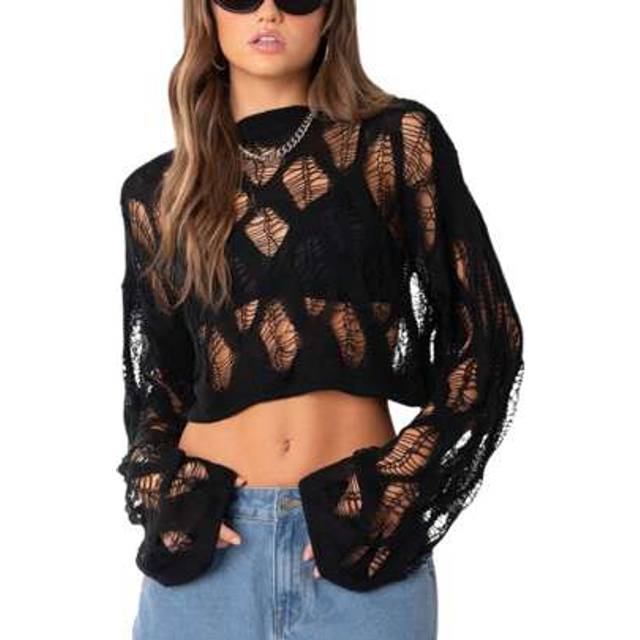 SHEIN Women Knit Sweater Long Sleeve Crew Neck Ribbed Solid Pullover Crop Top Streetwear