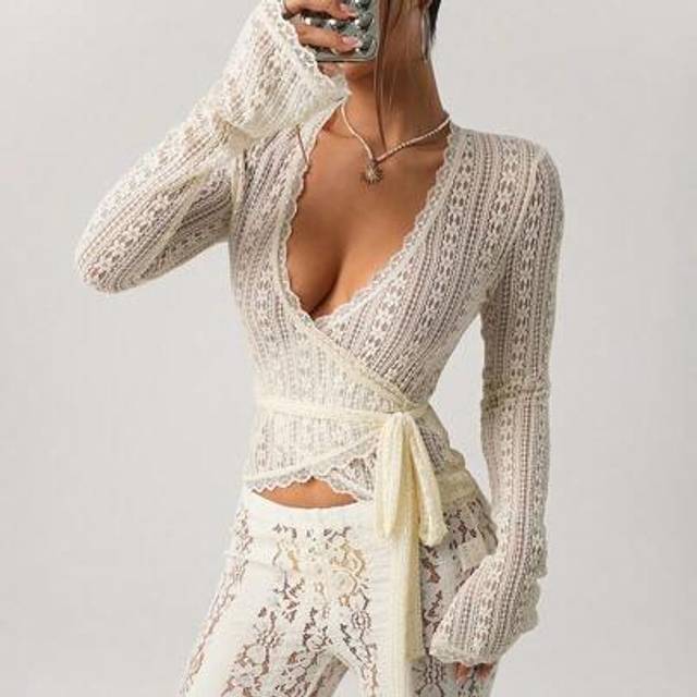 SHEIN Women&#39;s New Elegant Wrap Tie-Up V-Neck Semi-Sheer Lace Blouse, Cream-Colored
