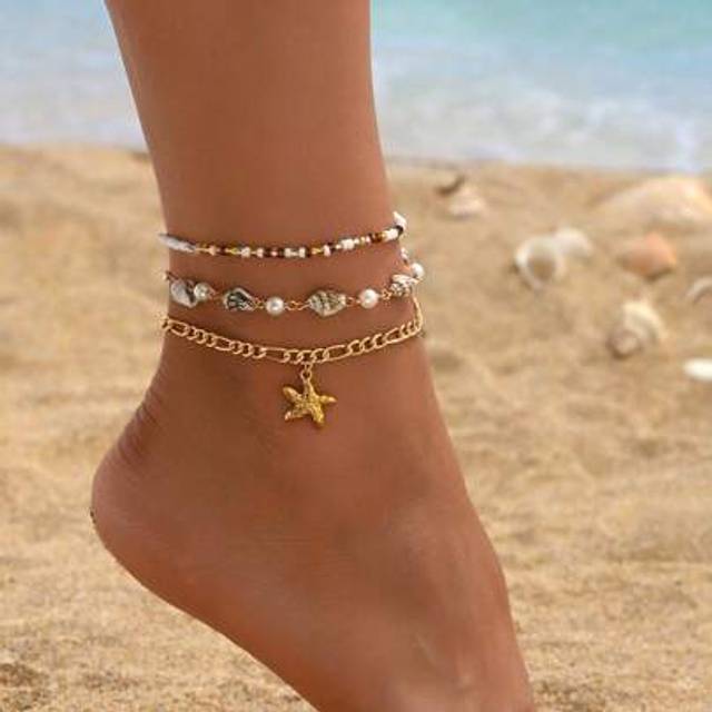 SHEIN 3pcs/Set Bohemian Style Faux Pearl Natural Seashell Handmade Anklet, Fashion Gold Starfish Pendant Beaded Foot Jewelry, Suitable For Beach, Daily Wear