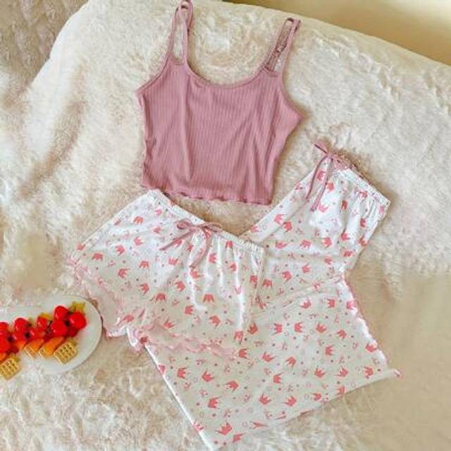 SHEIN 3 Piece Women Sleepwear Set: Crown Print Ribbed Camisole Shorts And Long Pants