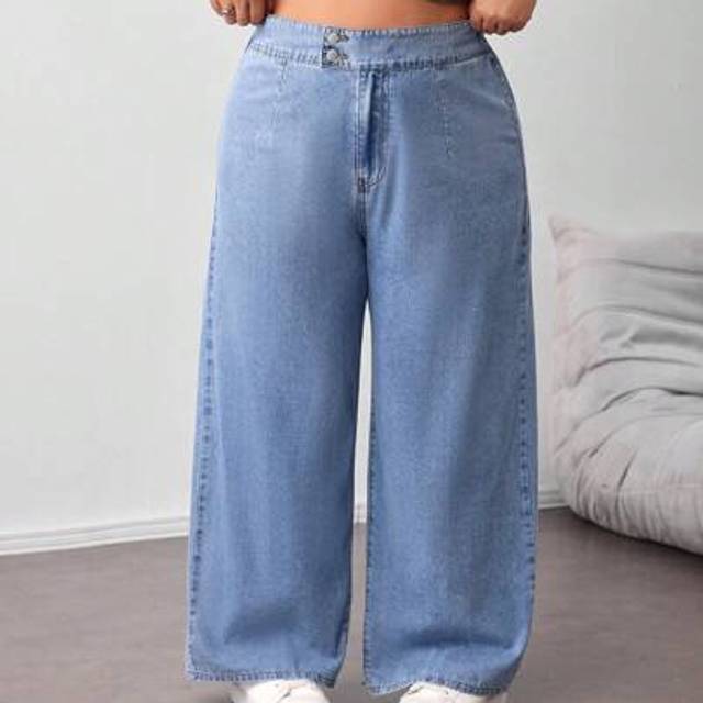 SHEIN Plus Size Jeans Wide Leg Pants Comfortable Elastic Waistband Lightweight Denim Perfect For Summer