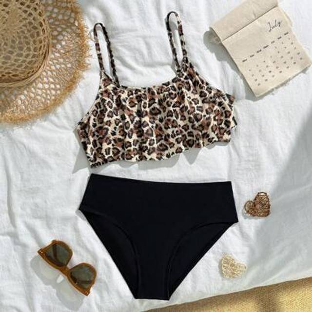 SHEIN Teen Girls Leopard Print Ruffled Bikini Sets, 2pcs Swimsuits For Beach, Swimming Pool, Party