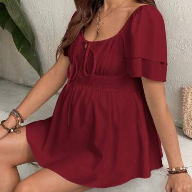SHEIN Solid Color Layered Ruffle Cuff Front-Tie Maternity Blouse
