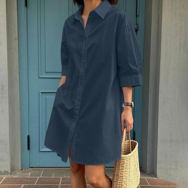 (navy, XL) ZANZEA Women Casual Turn Down Collar Summer Loose Half Sleeve Dress