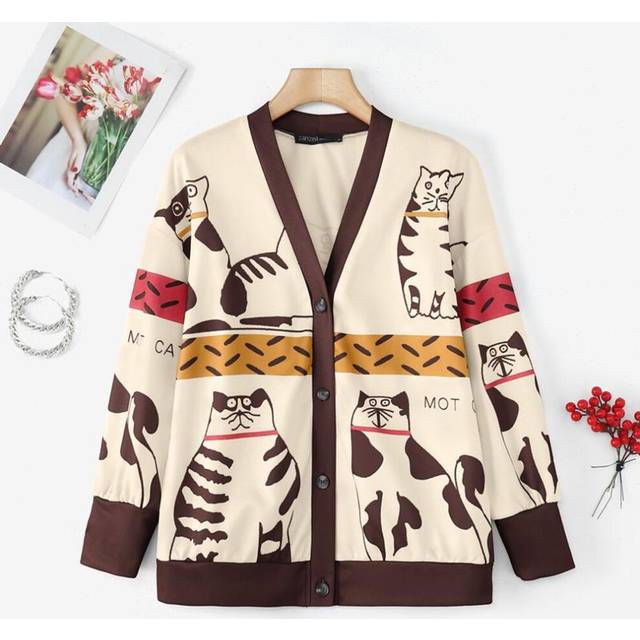 (XL, brown) ZANZEA Women Fall V-Neck Long Sleeve Printed Thin Cardigans