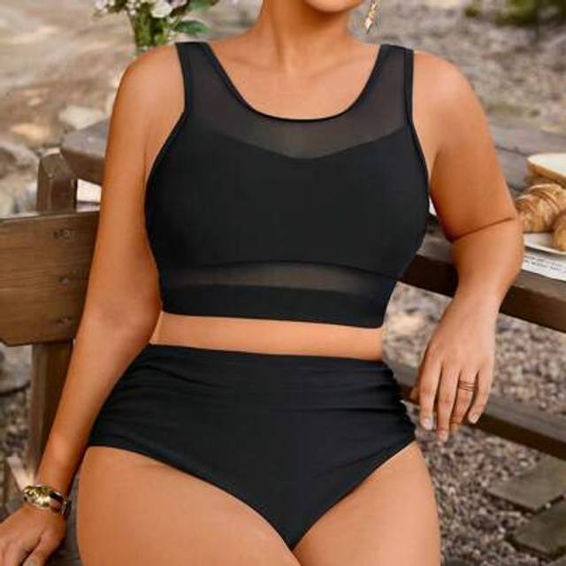 SHEIN 2pcs Plus Size Women Plus Size Round Neck Mesh Panel Sexy Crop Top & High Waist Ruffle Trim Triangle Bottoms Casual Holiday Beachwear Bikini Set, Suit