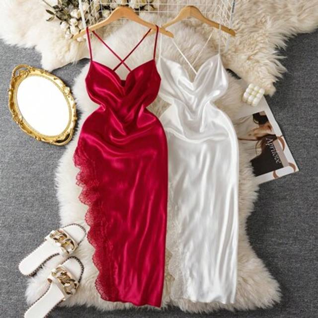 SHEIN 2pcs/Set Women Sexy Lace Patchwork Slit Maxi Nightgown
