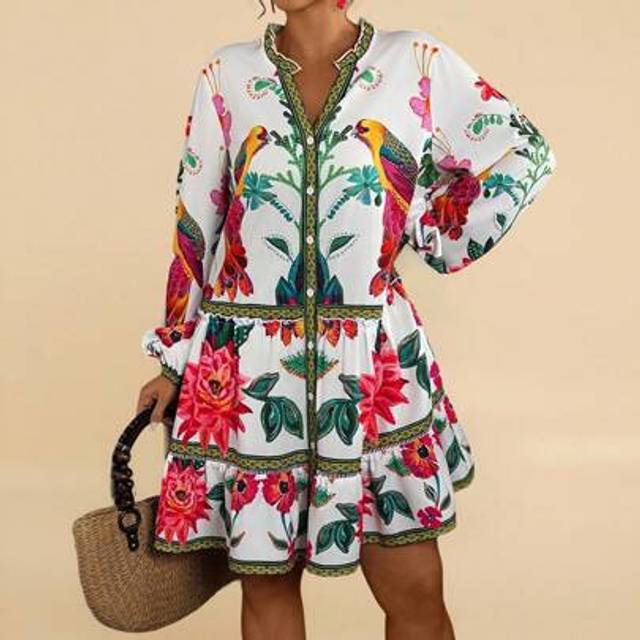 Travachic Plus Size Vacation Casual Printed Loose Peasant Dress, Long Sleeve Tropical Print Dress Tropical Vacation Dress Mexican Dresses For Women Bird Print D