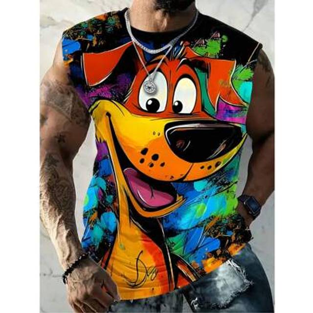 SHEIN Men&#39;s Street Style Polyester Tank Top With Cartoon Dog Print, All-Season Knit Material, Slightly Stretchy, Slim Fit
