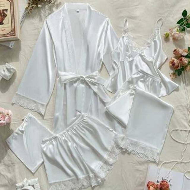SHEIN 5pcs Women&#39;s Lace Camisole, Pants, Shorts, Elegant Robe & Satin Sleepwear Set, Versatile For Outdoor Or Loungewear All Seasons