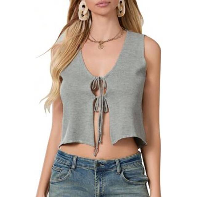 SHEIN Women&#39;s Tie Front Crochet Vest Y2K Sleeveless V Neck Knit Open Front Top Going Out Streetwear