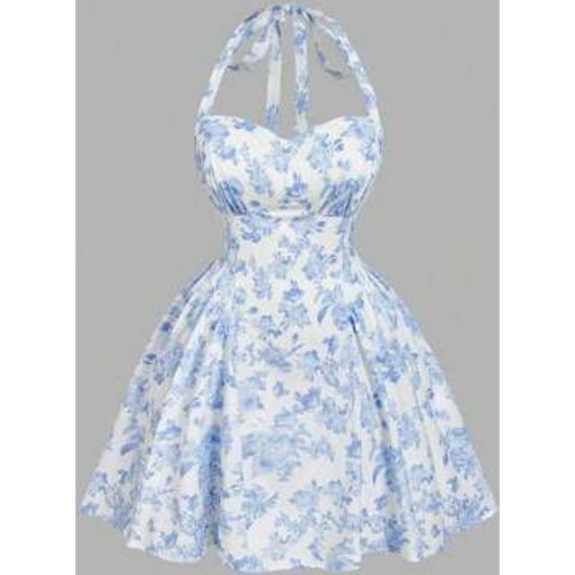 SHEIN Plus Size Women Navy & White Floral Print Halter Neck Sun Dress, Mini Length,Women&#39;s Romantic Floral Print Dress,Tube Top Dress,Sun Dresses For Women,