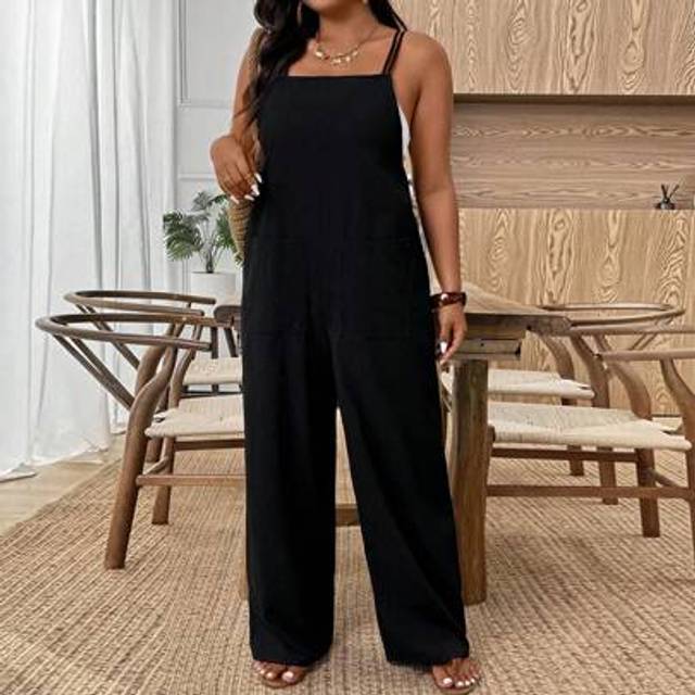 SHEIN Plus Size Women Beach Style Solid Color Wide Leg Loose Jumpsuit