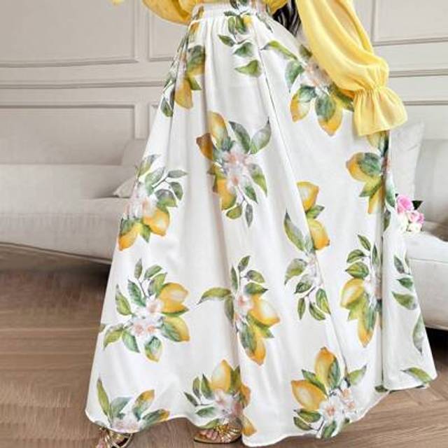 Modelyn Women&#39;s Lemon & Floral Print High Waisted Maxi Flare Skirt, Summer Vacation Style