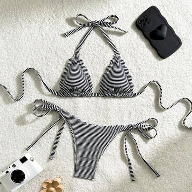 SHEIN Printed Random Halterneck Stripe Bra & Brief Bikini Set, Casual And Stylish For Daily Wear, For Summer Beach Vacation