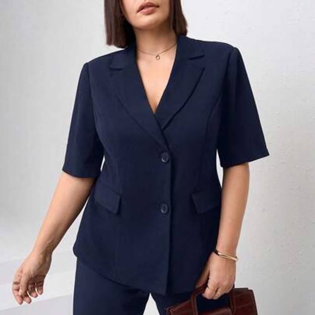 SHEIN Black Short Sleeve Open Front Pocket Plus Size Women Blazer, Elegant Business Commuter Wear