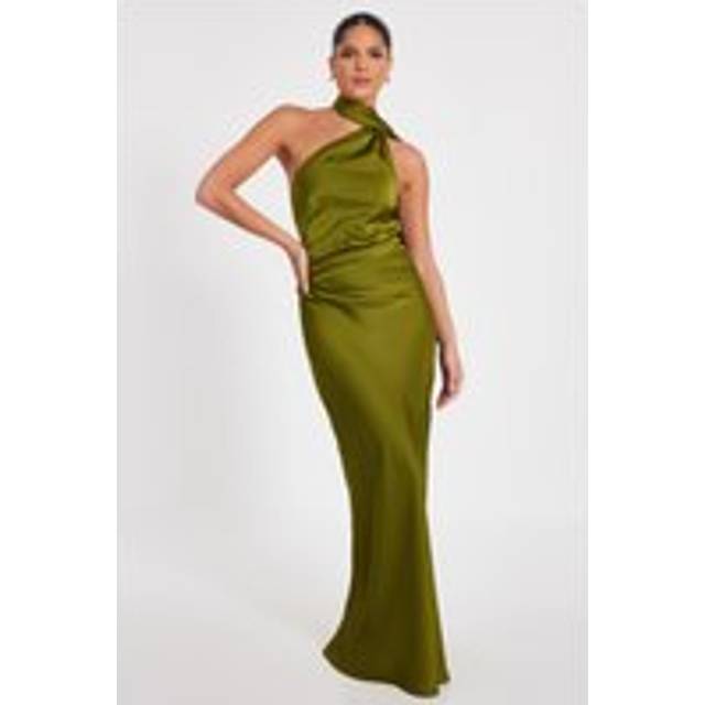 QUIZ Olive Satin Wrap Neck Maxi Dress - 6