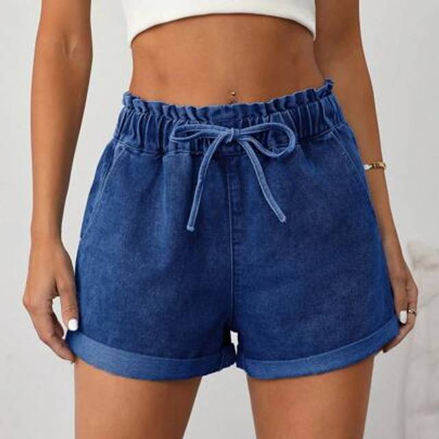 SHEIN Women&#39;s Elastic Waist Fitted Denim Shorts, Blue