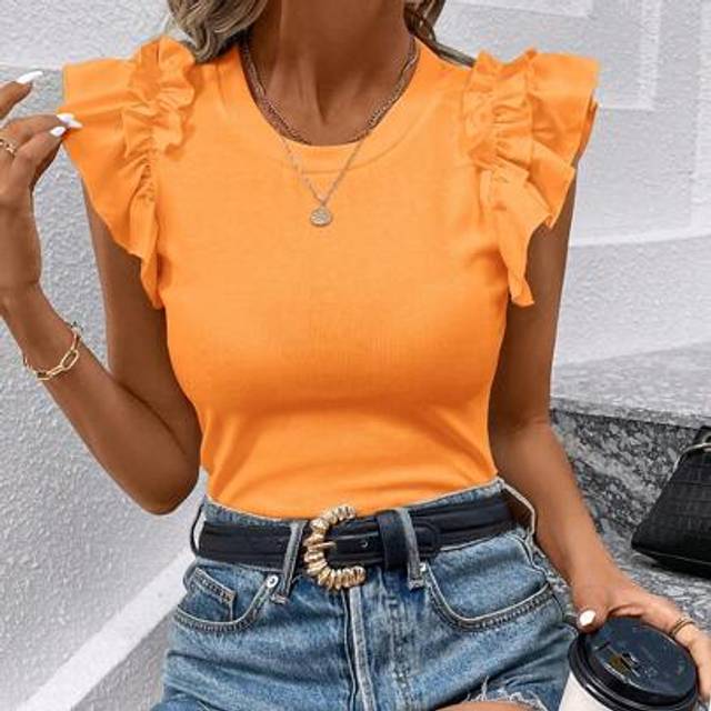 SHEIN Women Summer Casual Solid Color Cap Sleeve T-Shirt